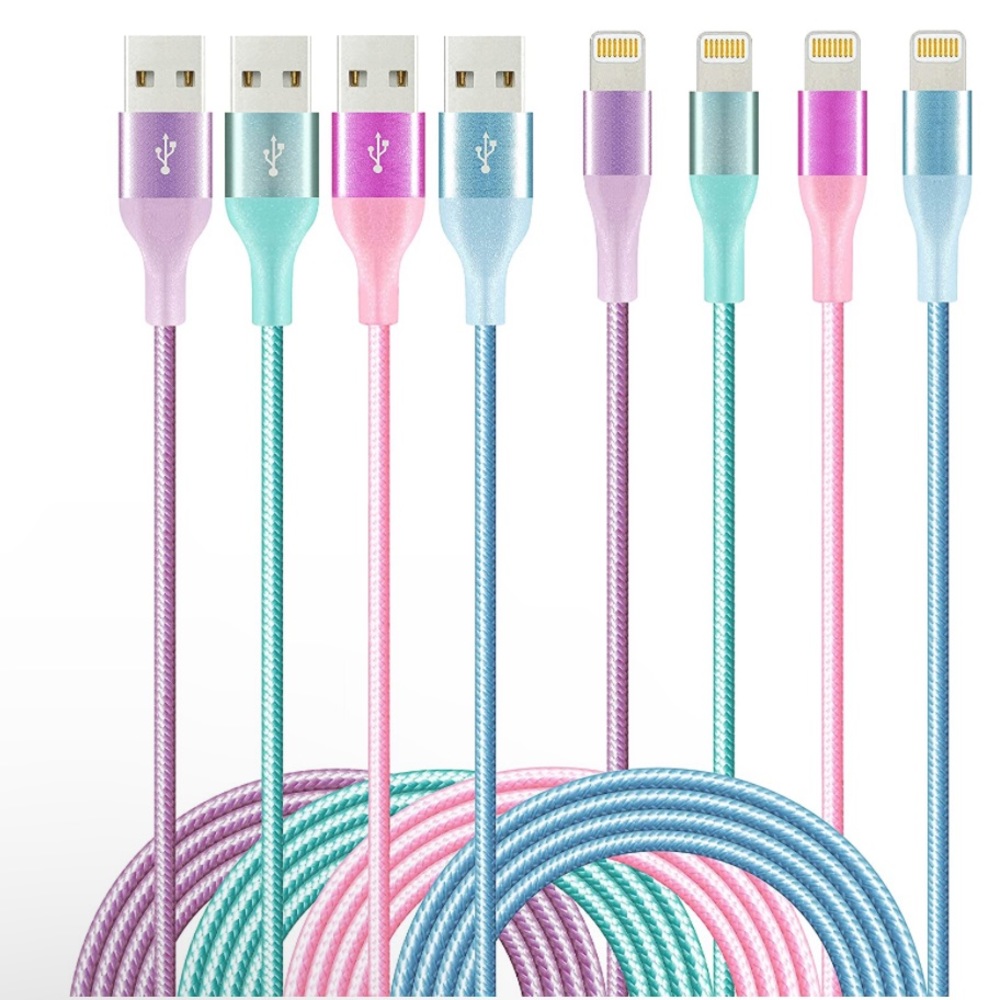NEW! Apple MFi Certified Cable 6FT 4-Pack Charger Purple Blue Green Rose